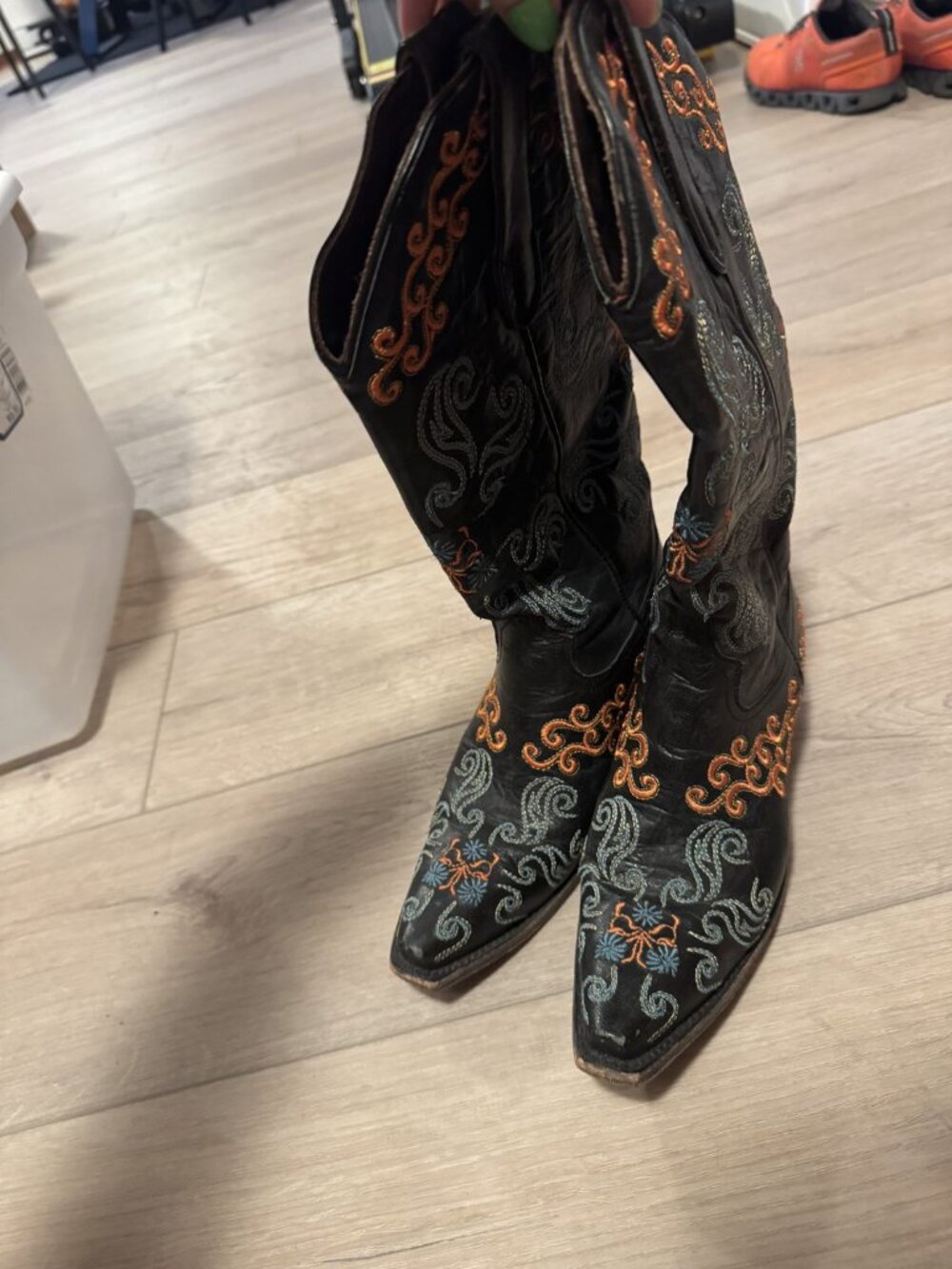 Lane Western Boots Black Embroidered Turquoise Orange Sz 6
